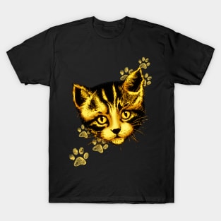 Cute Cat Portrait with Paws Prints T-Shirt